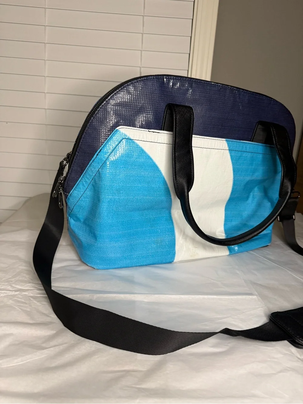 Rareform Recycled Billboard Tote Bag Blue White Convertible Travel Tote